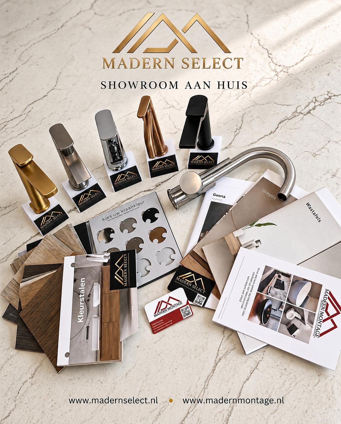 Showroom aan huis: kranen van Madern Select, kleurstalen en folders op een marmeren blad