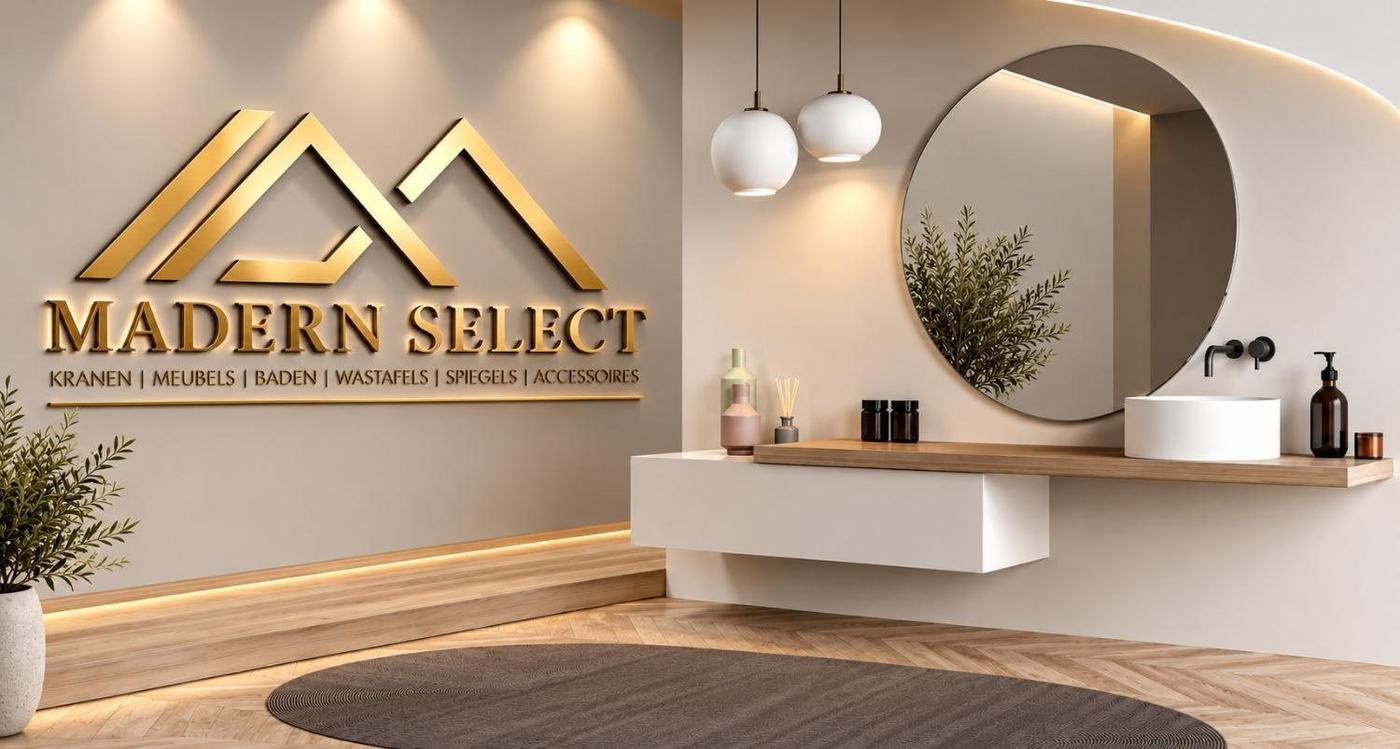 Showroom van Madern Select met gouden logo, ronde spiegel en witte waskom
