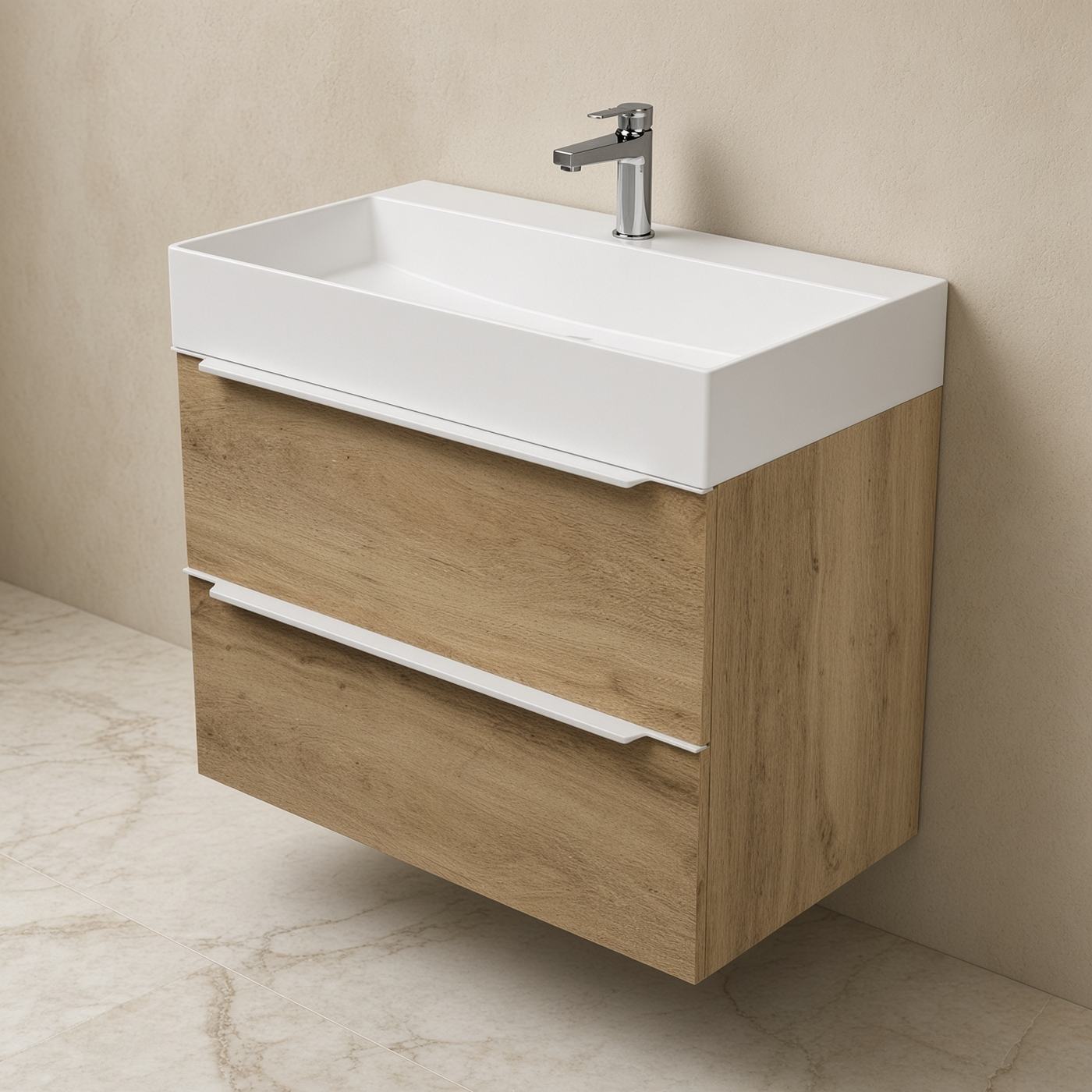 Madern Select eiken wastafelmeubel met witte grepen en chromen kraan